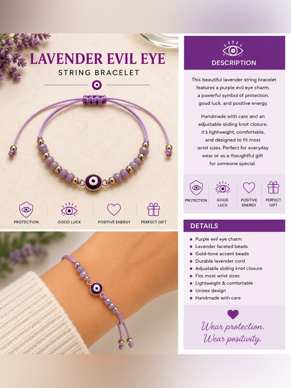 Lavender Evil Eye String Bracelet – Purple Protection Bracelet